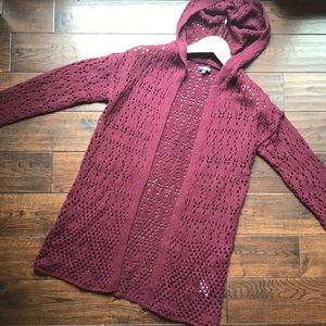 Ransom crochet hooded long open cardigan maroon